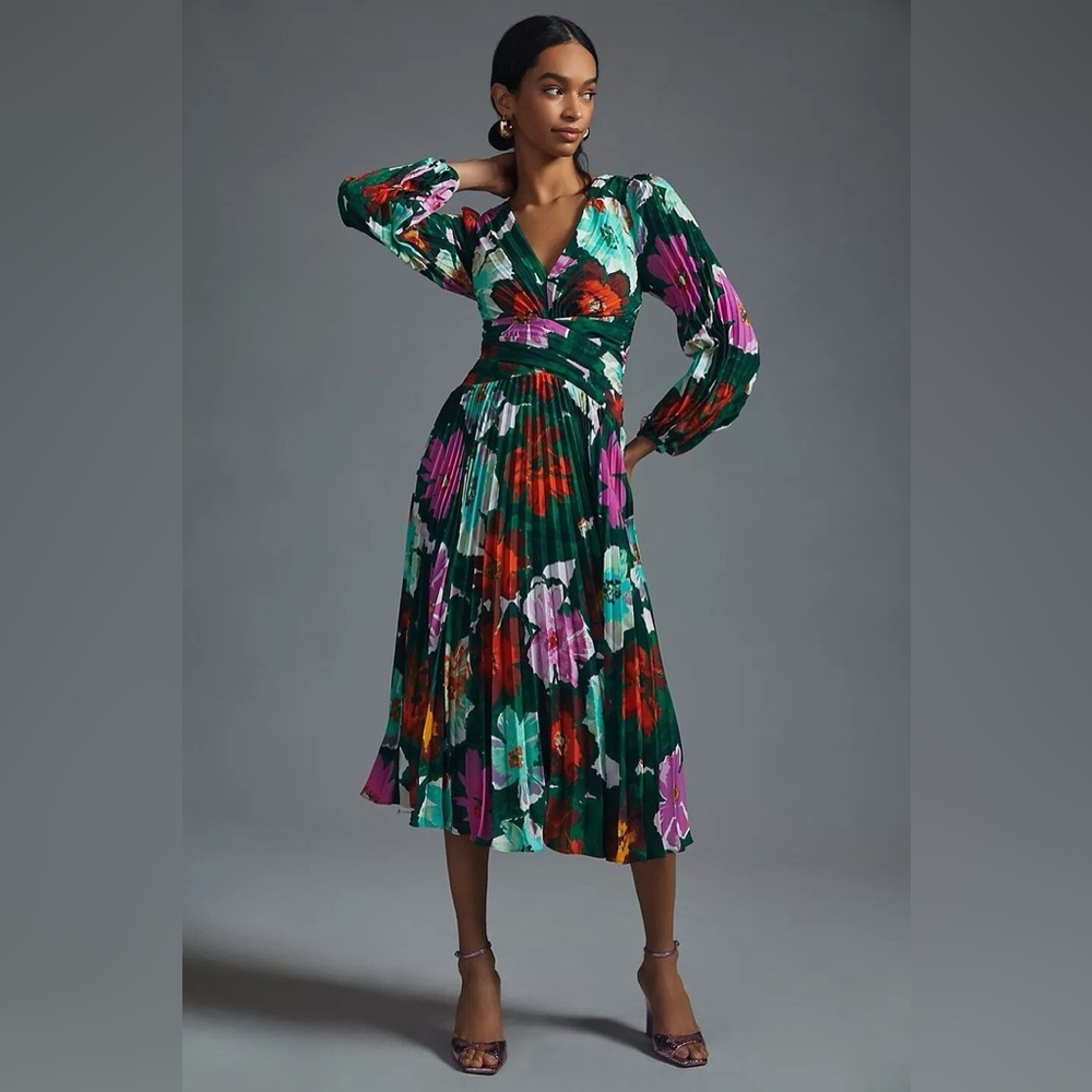 Maeve By Anthropologie Women’s Pleated Floral V-Neck Midi Dress Size 00P Green